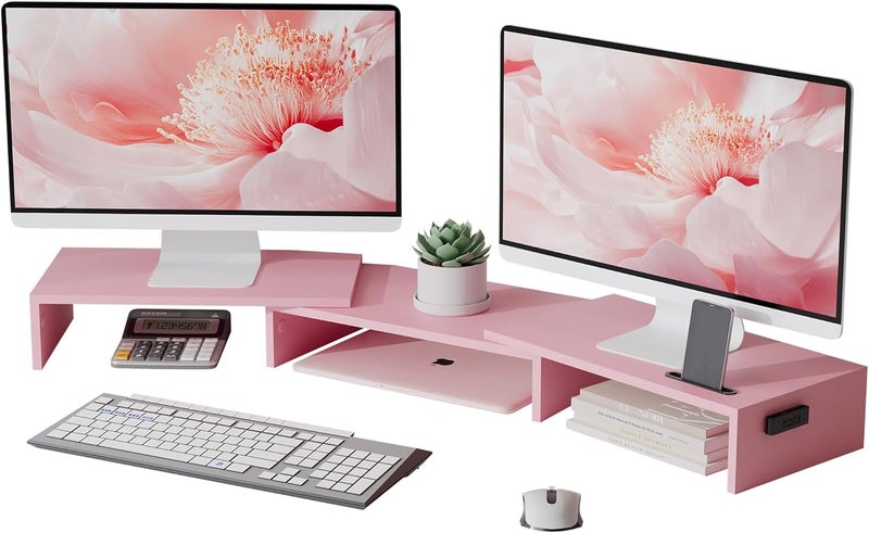BONTEC Dual Monitor Stand Riser with Smartphone Holder, Adjustable Length & Swivel Angle, Ergonomic Wooden Desktop Organizer for PC Monitor, Laptop, Printer, Large Storage, Pink - Image 1